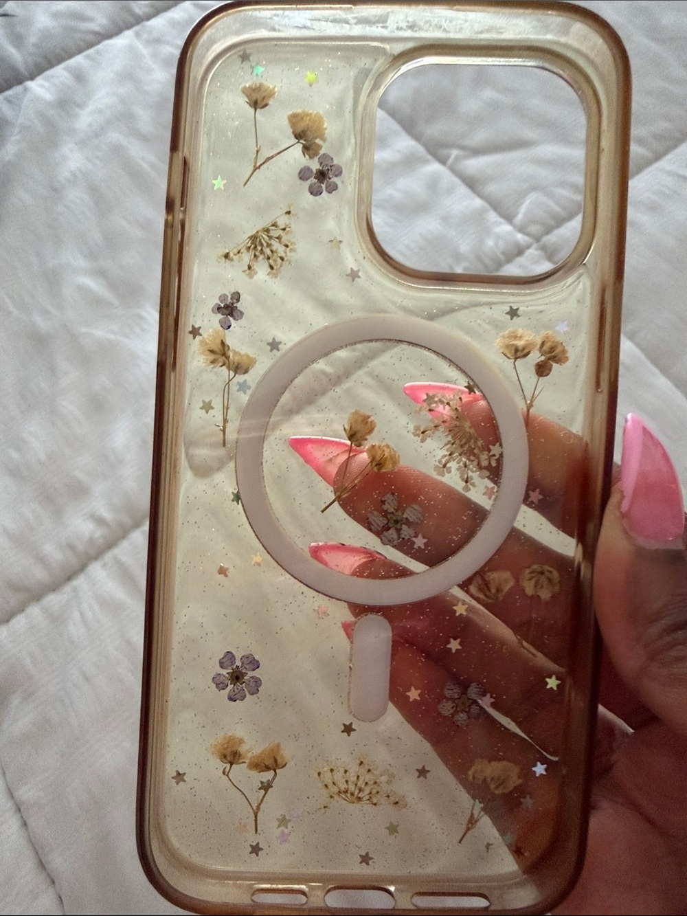 iPhone 16 pro Max/15 Clear Gold Floral MagSafe-Compatible Phone Case